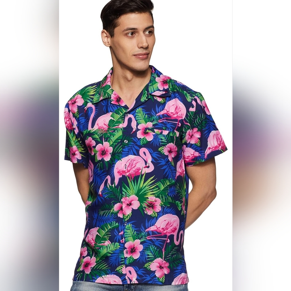 Hawaiian Shirt for Men Flamingo Navy Blue Pink Sz XL #New